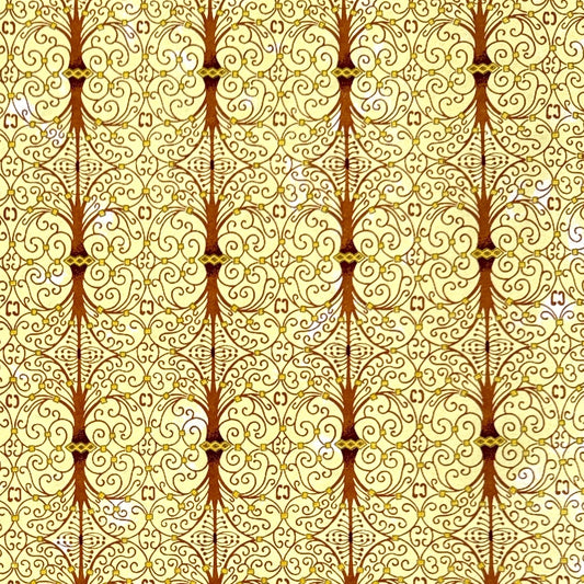 Japanese silkscreen chiyogami paper with a intricate filigree trellis design in brown with gold accent