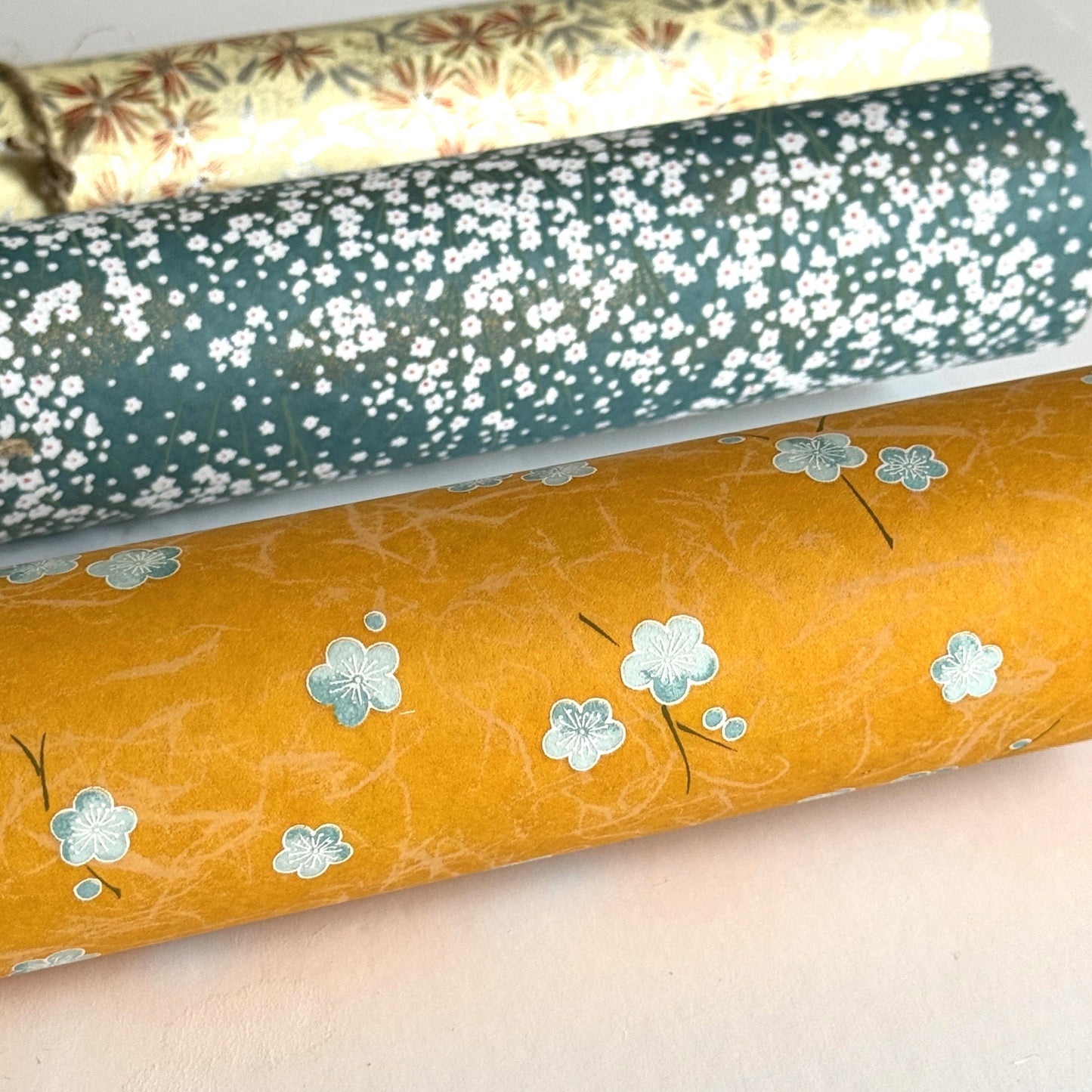 Pale blue plum (ume) blossom with a rich saffron backdrop. Japanese chiyogami paper. Pictured rolled