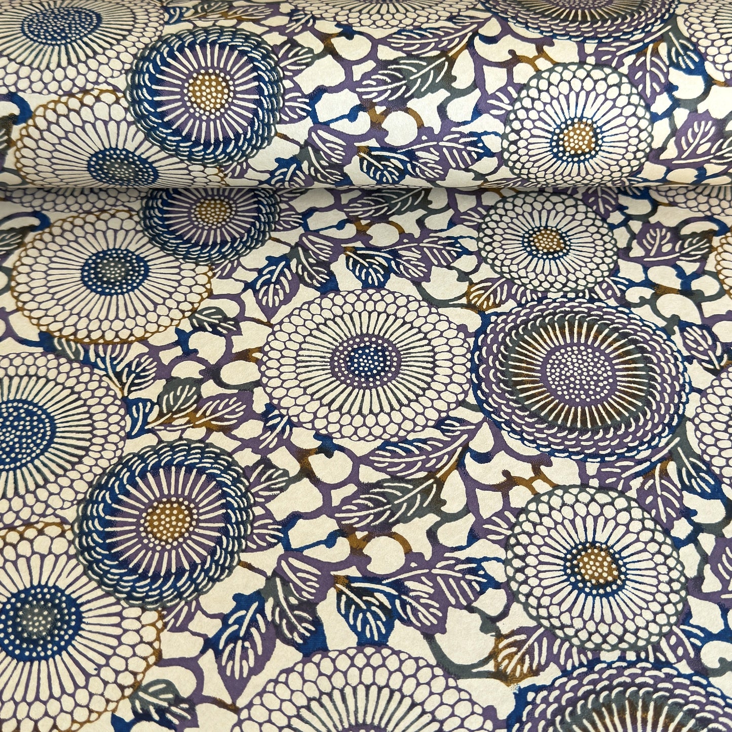 Japanese chiyogami silkscreen printed paper with a floral kiko pattern in purple and blue on a cream backdrop