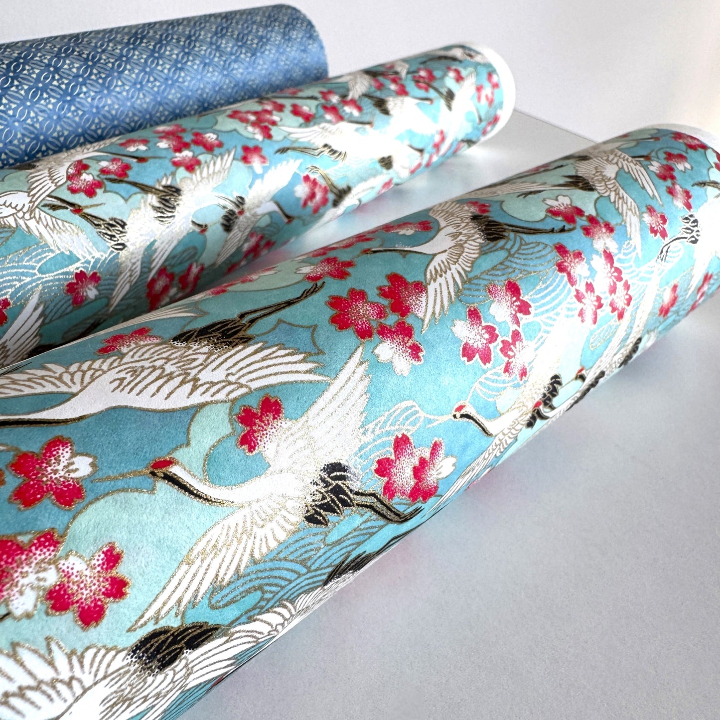 Japanese chiyogami paper with a pattern of white cranes, pink cherry blossom on a blue background. close up of the paper rolled