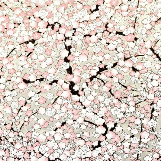 Japanese chiyogami paper with pale pink plum blossom, dark brown branches on an ivory background.