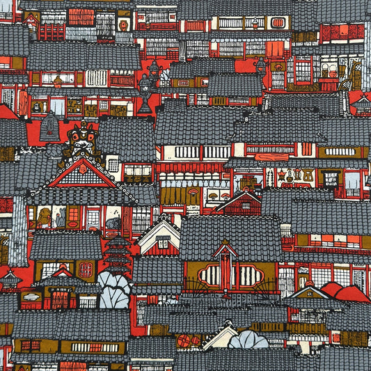 Japanese chiyogami paper (silkscreen printed) with a city landscape in grey, red and orange.