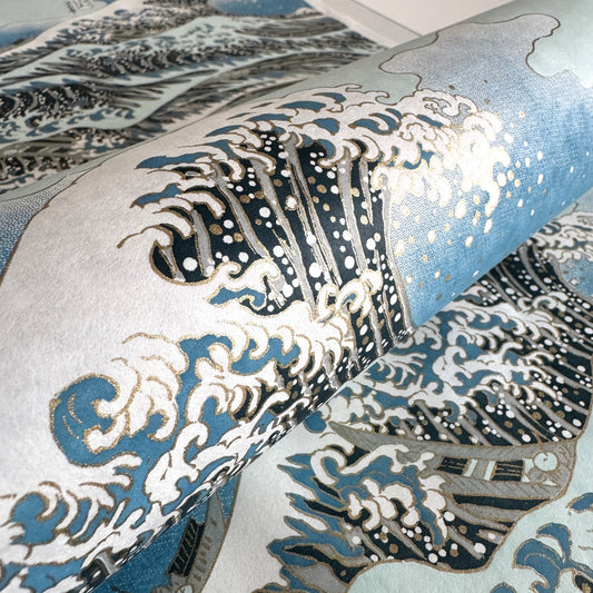 Japanese chiyogami paper with a depiction of the famous Great Wave off Kanagawa. Close-up