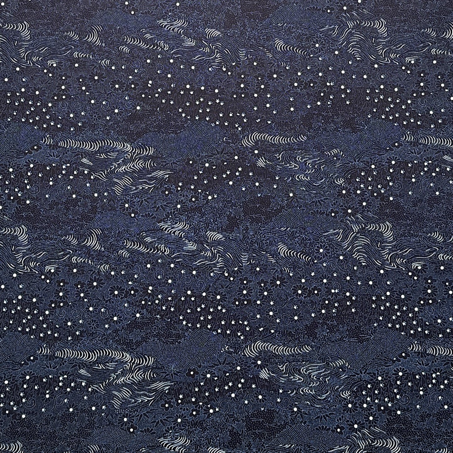Japanese chiyogami paper. Inky blue with a subtle pattern of a riverbank of flowers.