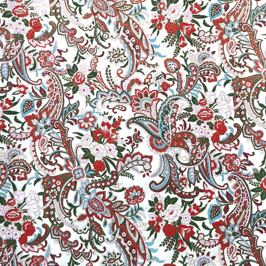 Japanese chiyogami paper silkscreened with a paisley floral style pattern in red, aqua, green and gold on a white background.