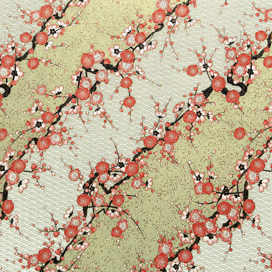 Japanese chiyogami silkscreen paper with diagonal branches of pink plum blossom on a sage green backdrop.