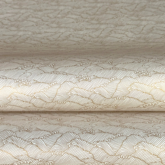 a sheet of Japanese silkscreen printed chiyogami paper with a copper wave design on white ground