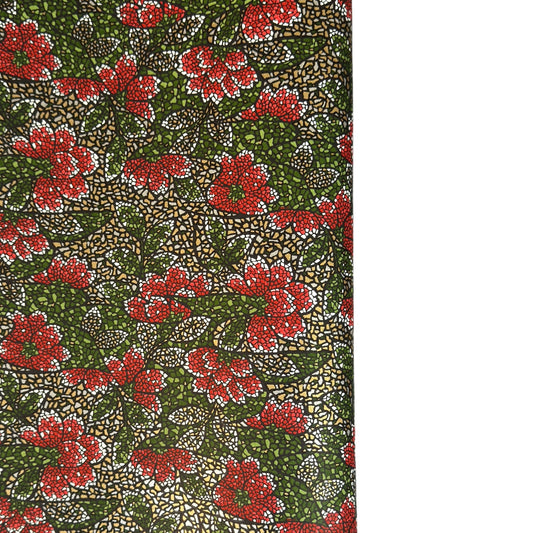 A close-up of a sheet of Japanese chiyogami paper with a repeating mosaic floral print. The design features red and flowers, green leaves on a black and gold mosaic background.