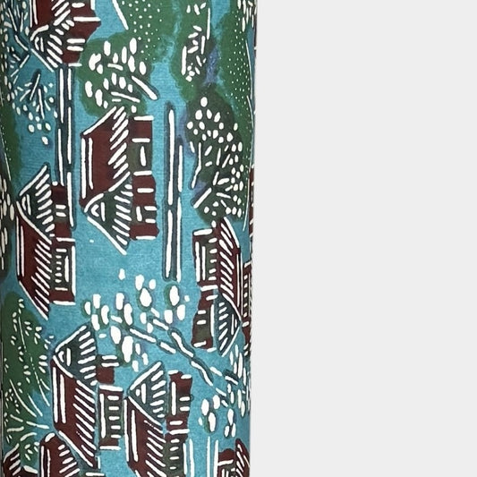 A Japanese pattern of hillside villages. Katazome stencil-dyed paper from Japan in colours of blue, green, brown and white