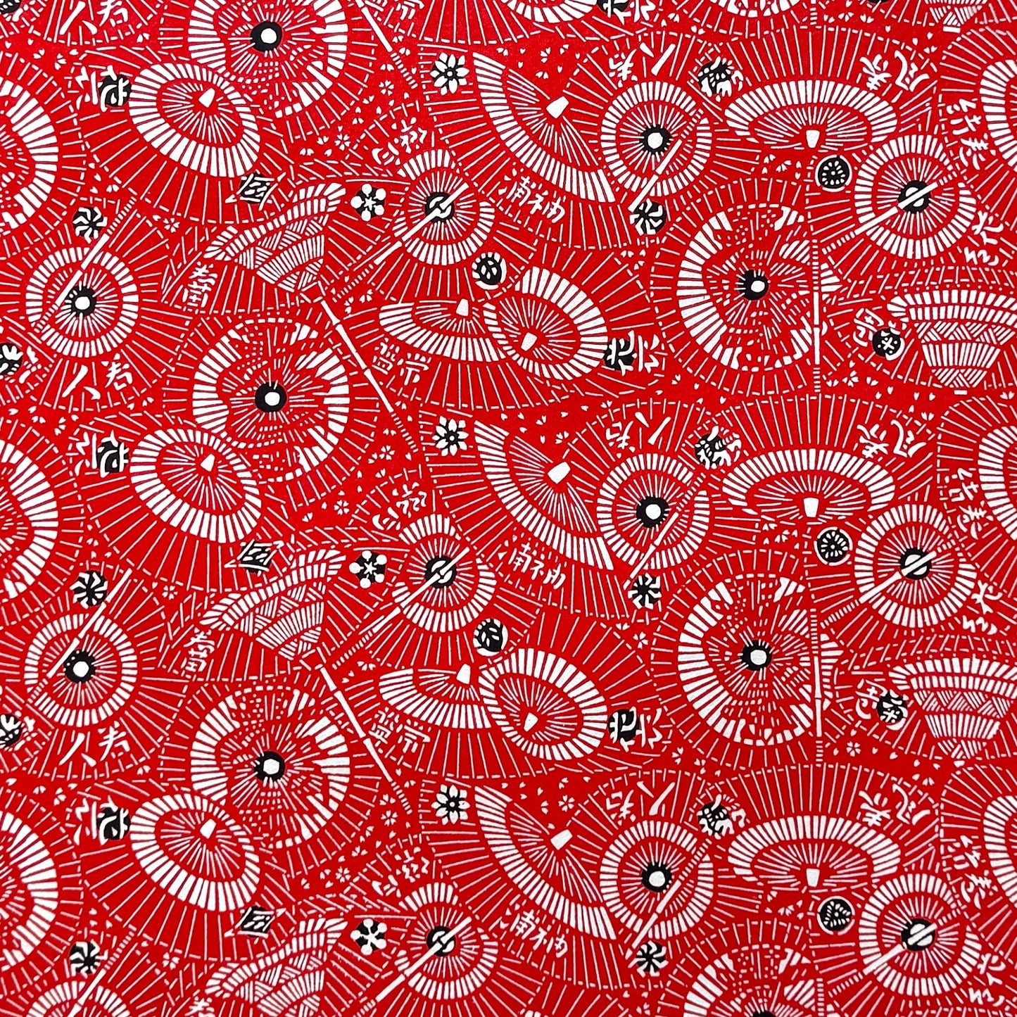 a sheet of Japanese katazome paper with a pattern of red and white umbrellas