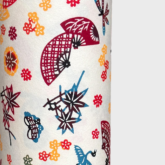 Folding fans (sensu) and cranes (tsuru) amongst flowers and foliage. A multicoloured pattern on Japanese katazome paper