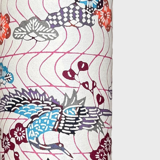 Pattern with cranes and flowers in soft pink, purple, blue and orange. A sheet of katazome paper