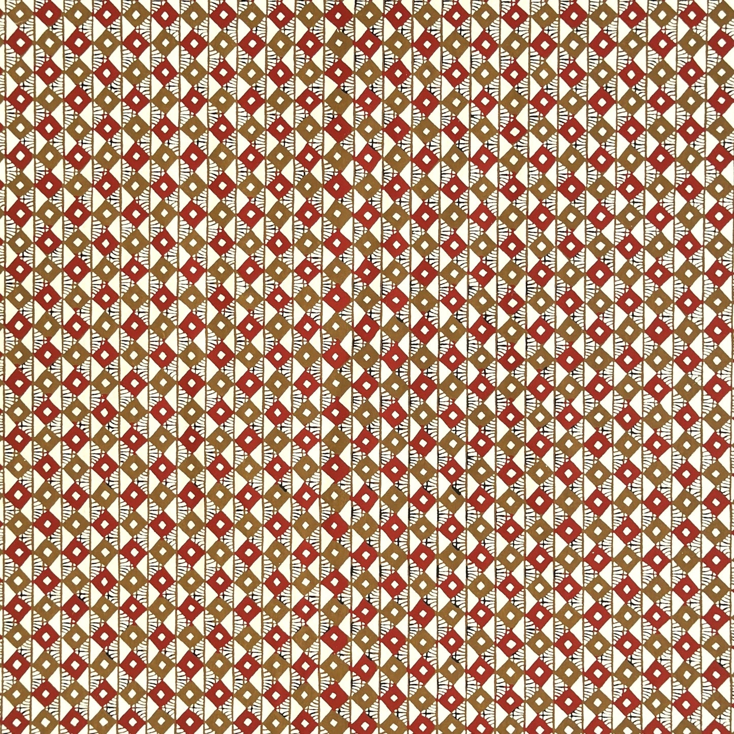 Geometric two-tone brown diamond (kuginuki tsunagi) repeat pattern on a sheet of Japanese katazome paper
