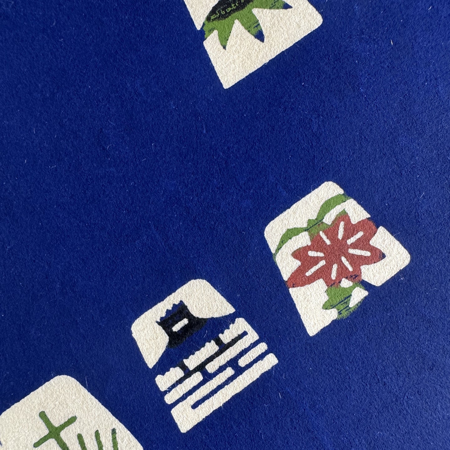 Japanese katazome-shi paper in blue with small Japanese Mon motifs. Close-up