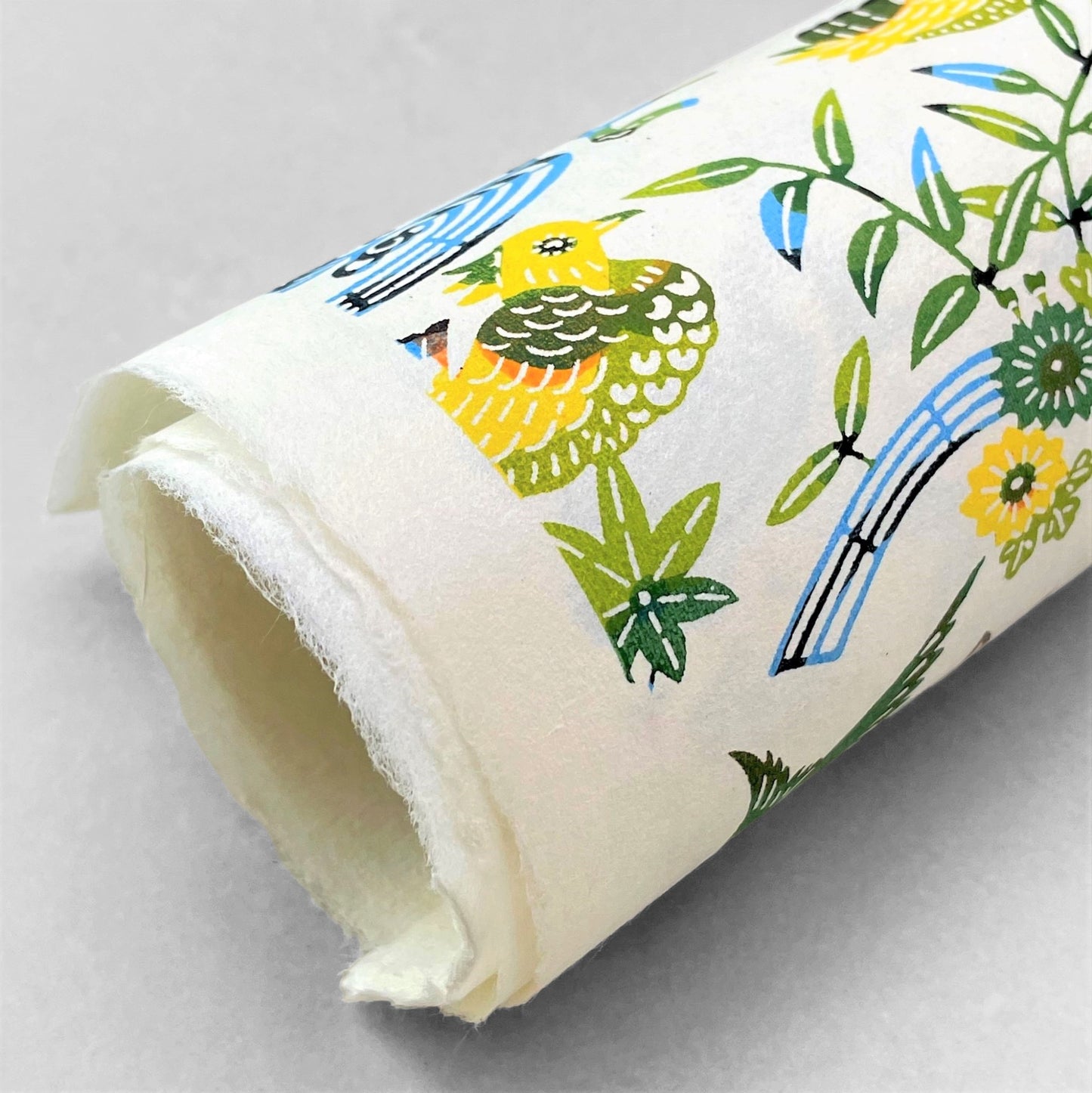 japanese stencil-dyed handmade paper with birds and flowers pattern in green, blue and yellow