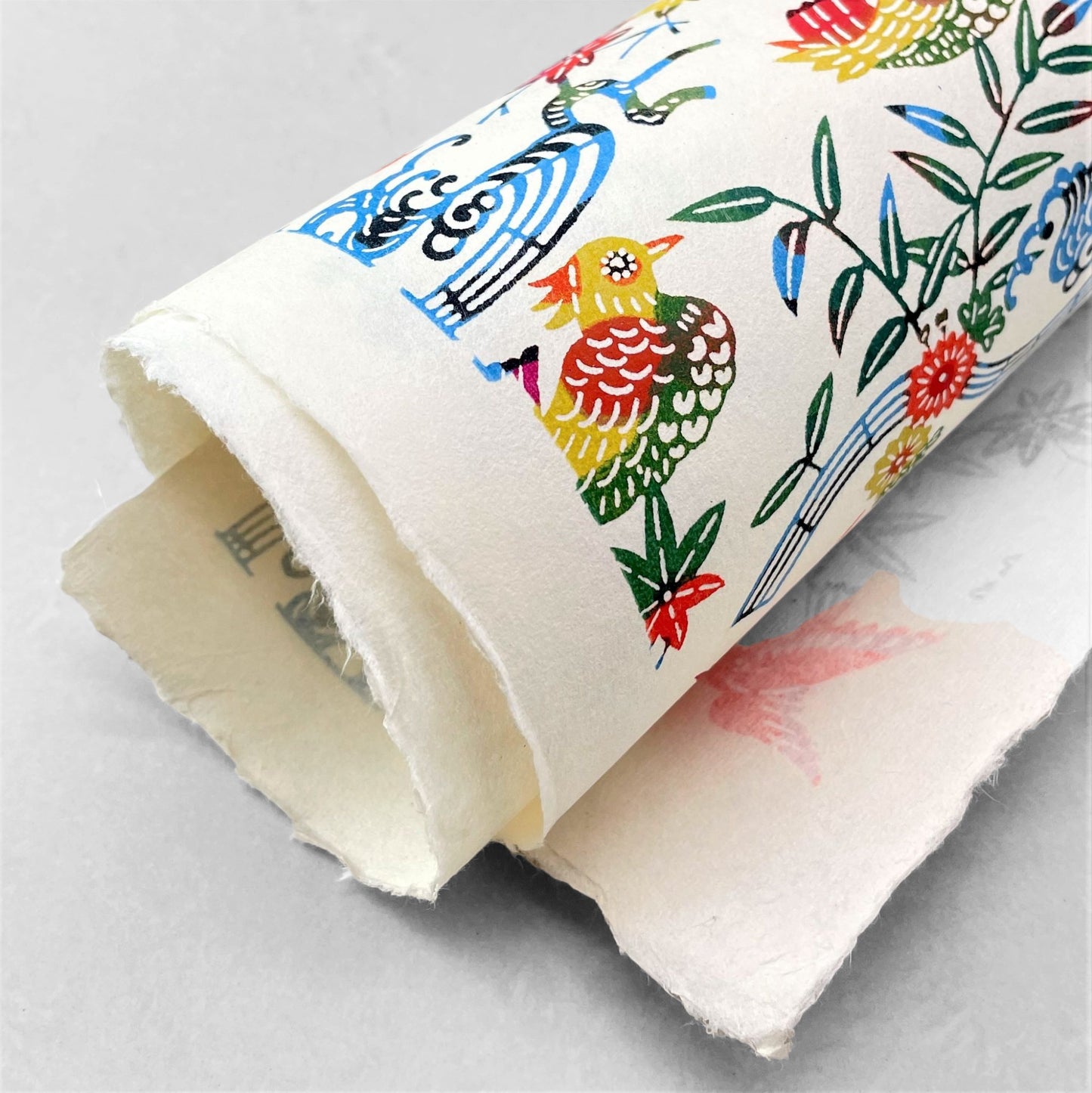 japanese stencil-dyed handmade paper with birds and flowers pattern in red, blue and yellow