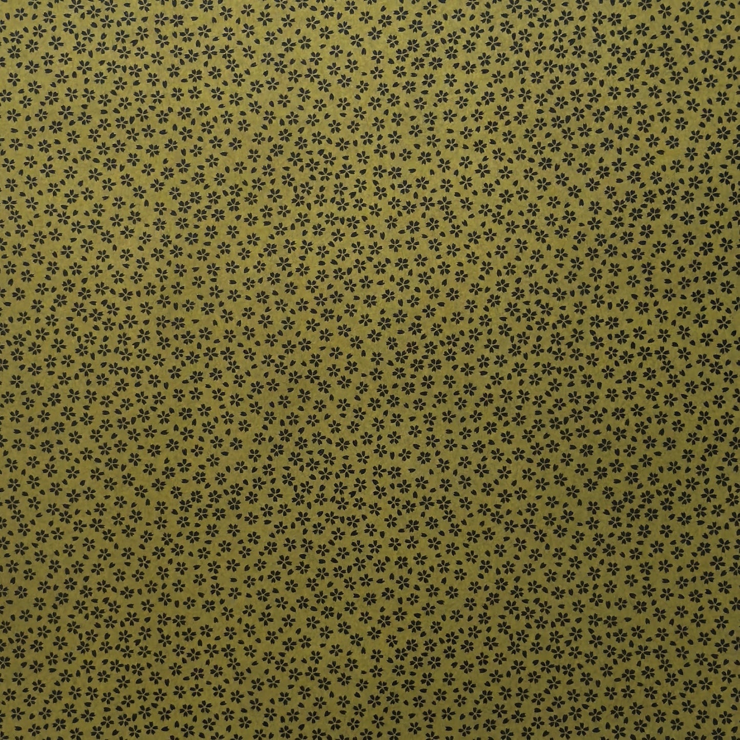 A sheet of Japanese lacquered yuzen paper in dark olive green with little cherry blossom flowers in black