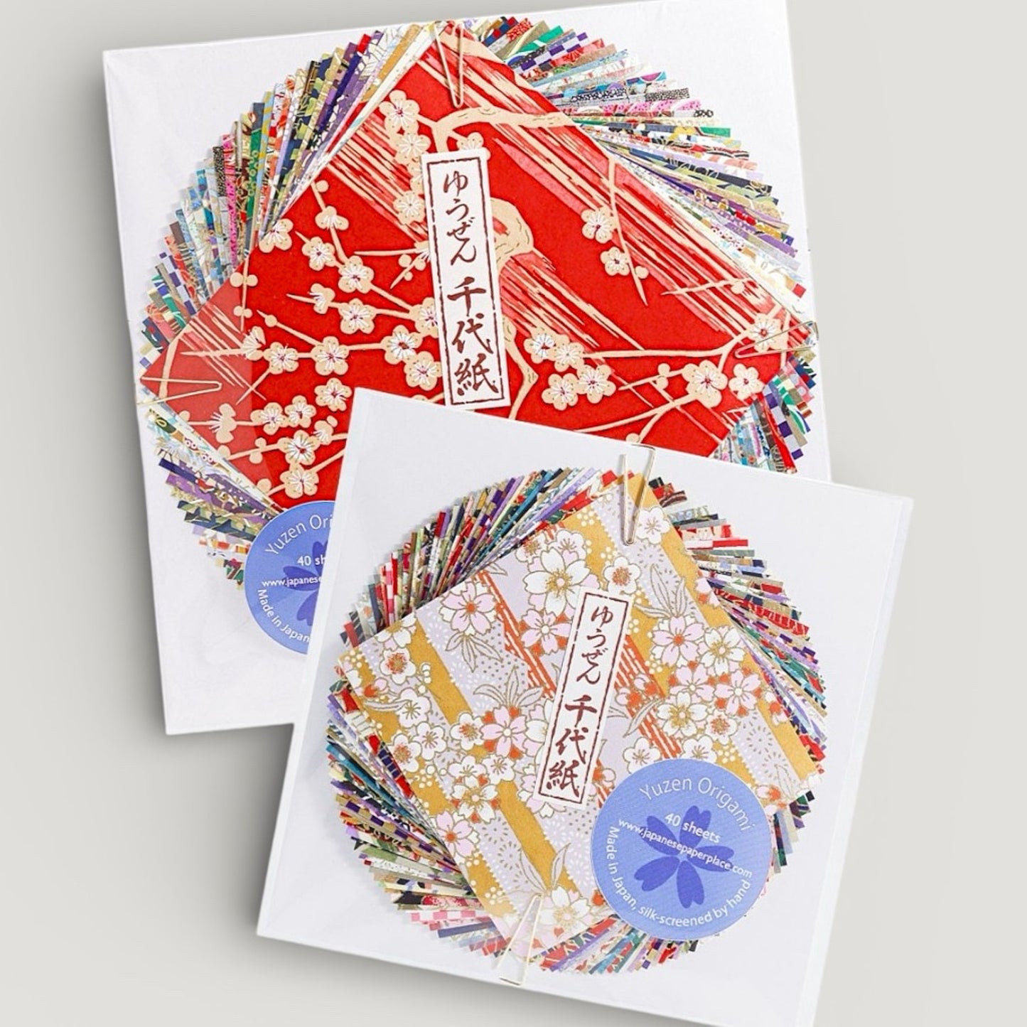 a pack of 40 sheets of origami squares made from the finest yuzen chiyogami patterned paper. Image shows a large and small version