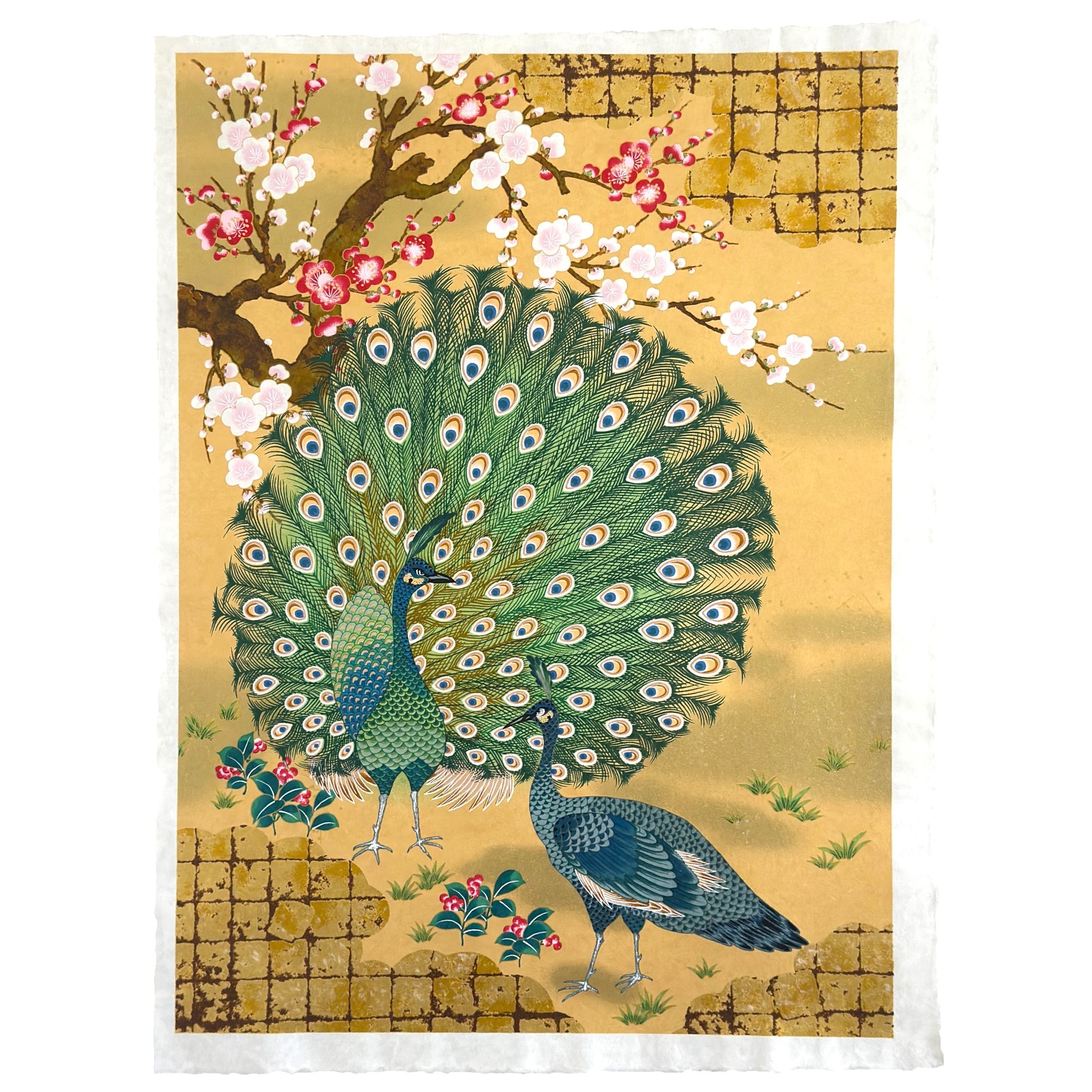 A sheet of Japanese silkscreen printed paper called Sogara which depicts white cranes flying in a pink and gold sky, surrounded by blossom and flowers.