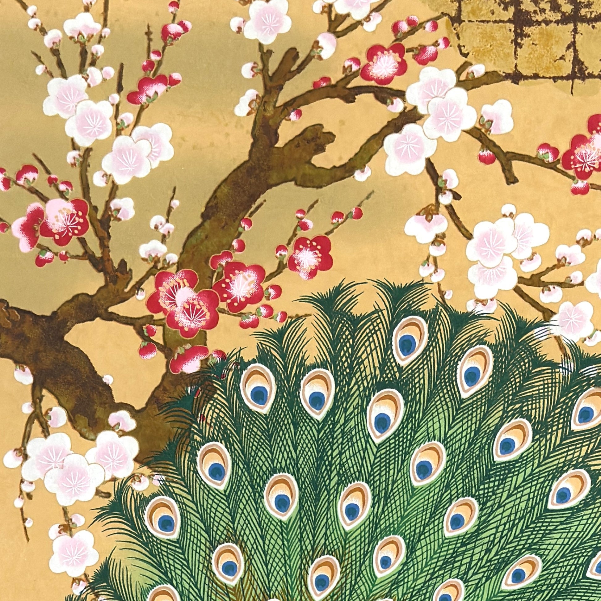 A sheet of Japanese silkscreen printed paper called Sogara which depicts white cranes flying in a pink and gold sky, surrounded by blossom and flowers. Close up of the blossom