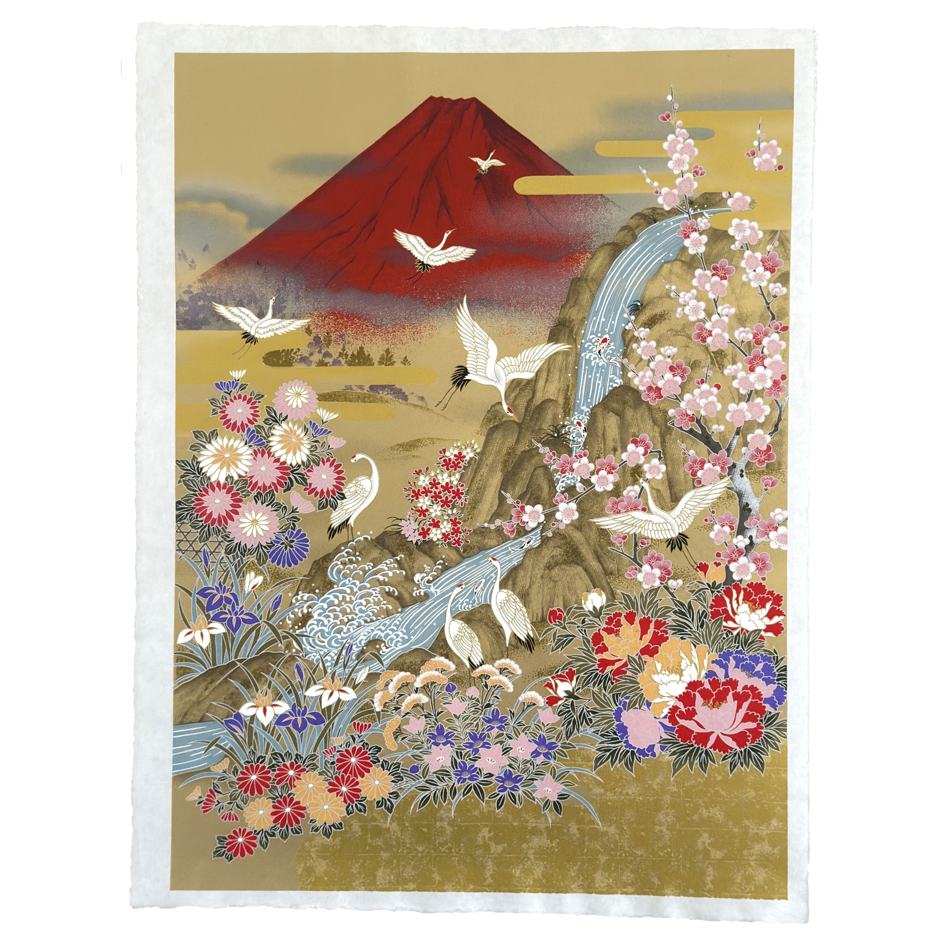 A sheet of Japanese silkscreen printed paper called Sogara which depicts a red mt. fuji with white cranes flying and flowers and rivers