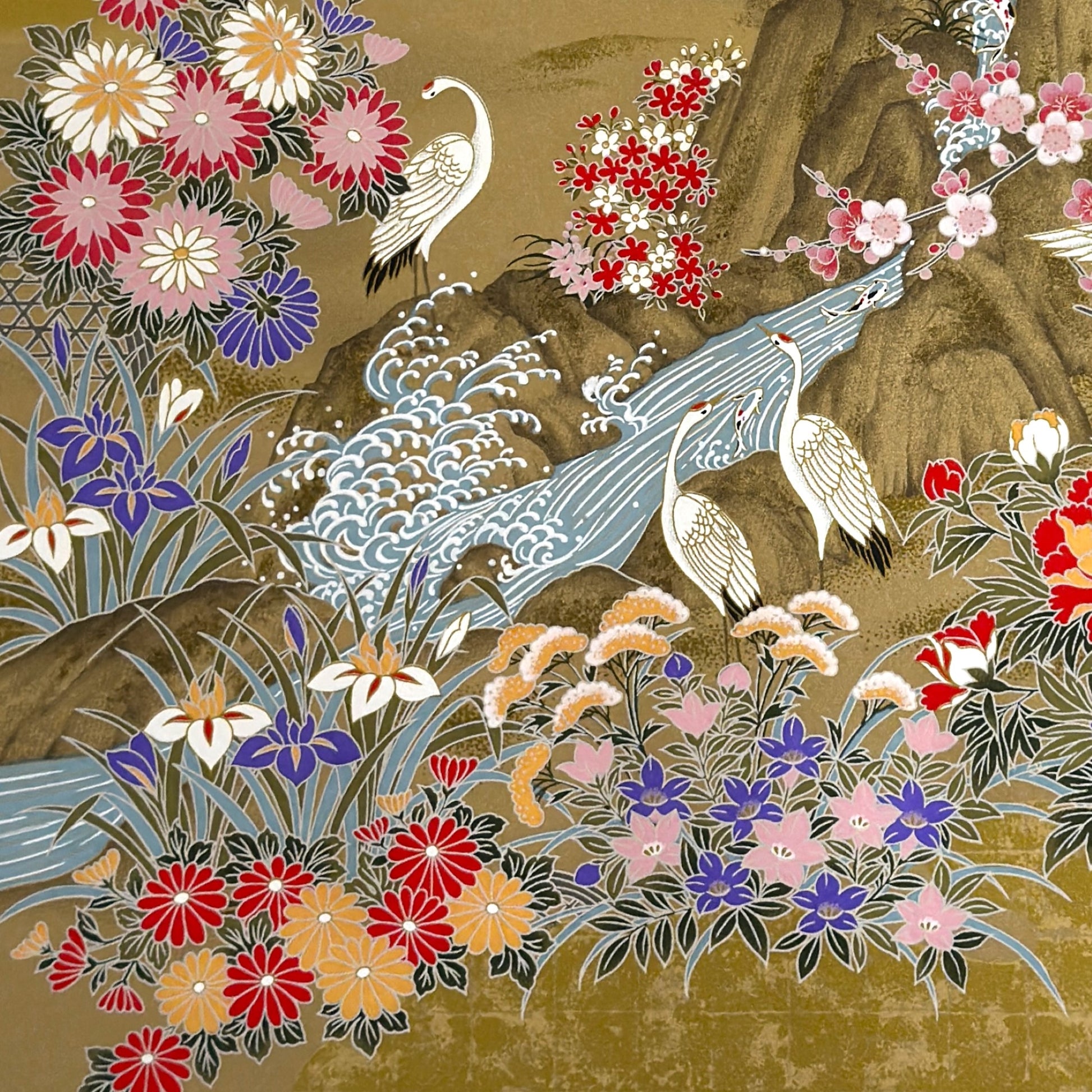 A sheet of Japanese silkscreen printed paper called Sogara which depicts a red mt. fuji with white cranes flying and flowers and rivers. Close up of the river