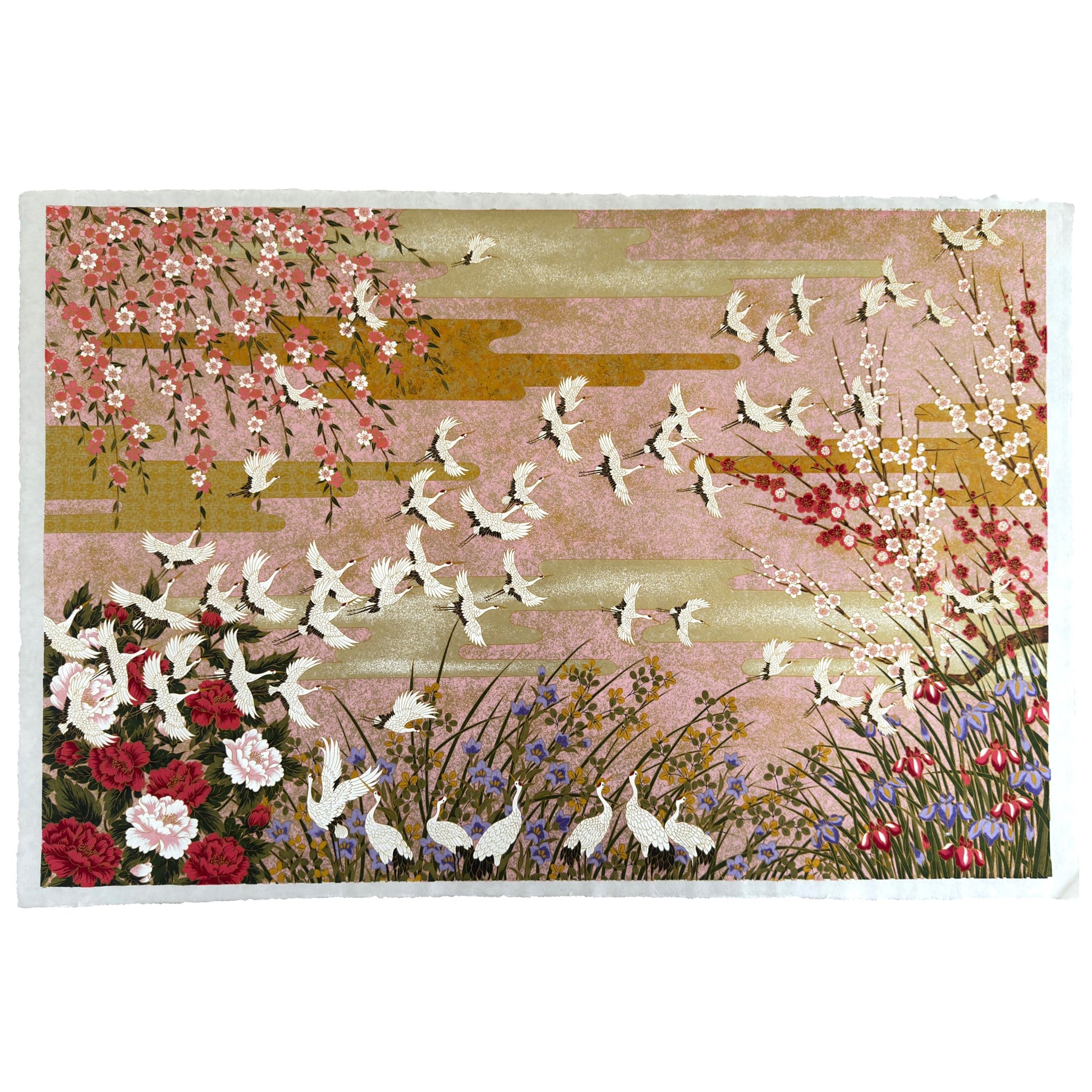 A sheet of Japanese silkscreen printed paper called Sogara which depicts white cranes flying in a pink and gold sky, surrounded by blossom and flowers.