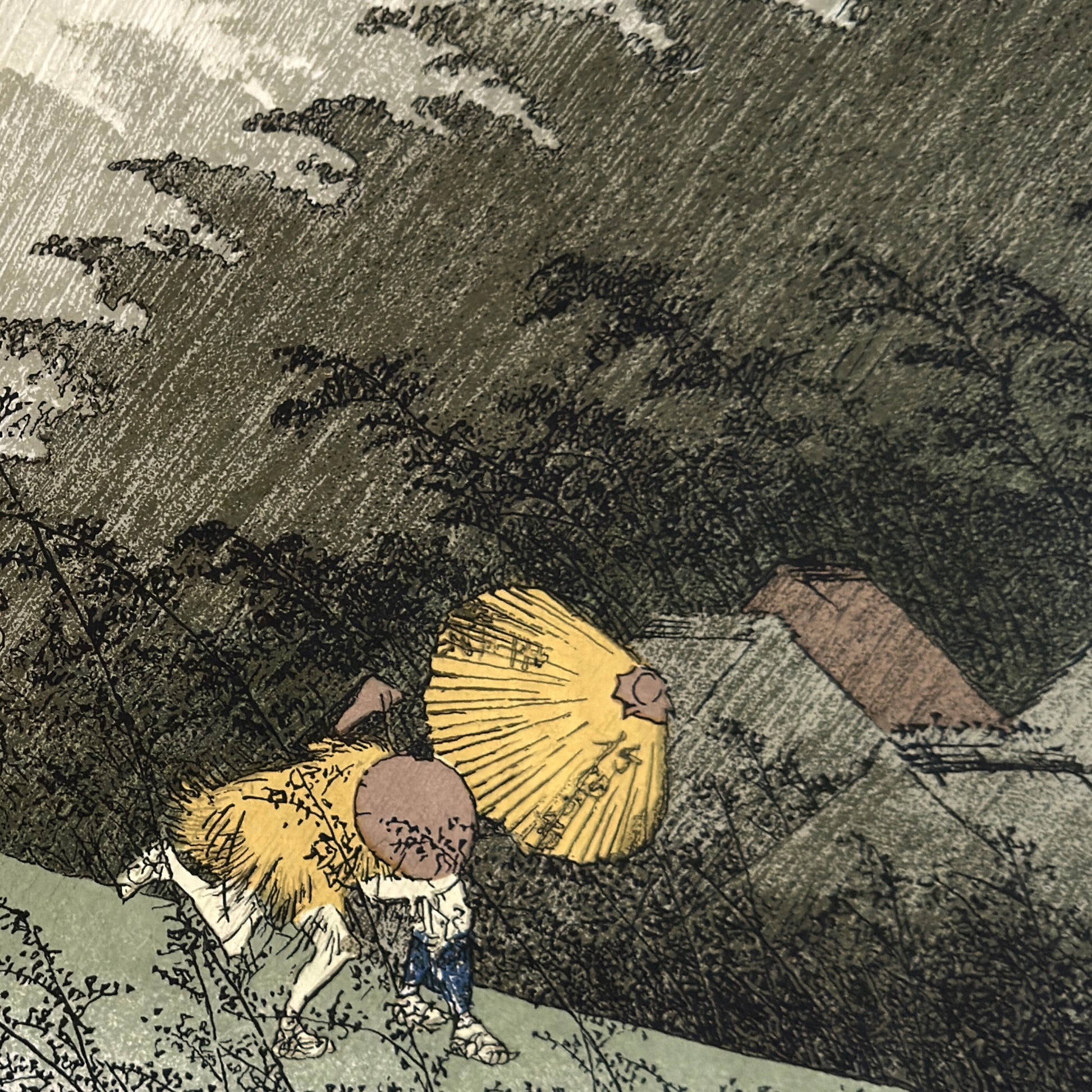 A sheet of Japanese Sogara silkscreen printed paper with 4 images from artwork by Hiroshige.  Close up of people running to get out of a storm