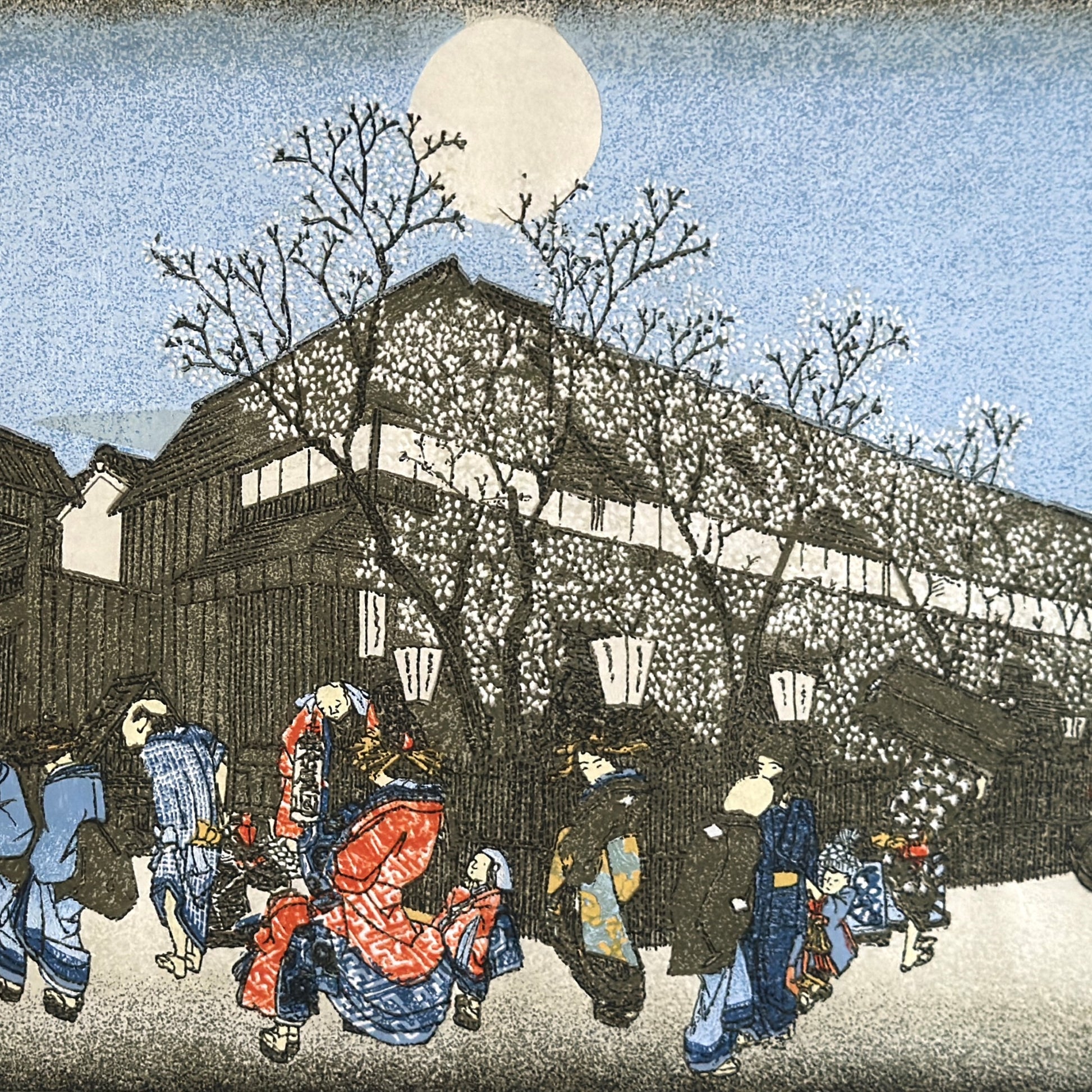 A sheet of Japanese Sogara silkscreen printed paper with 4 images from artwork by Hiroshige.  Close up of a street scene with trees with white blossom