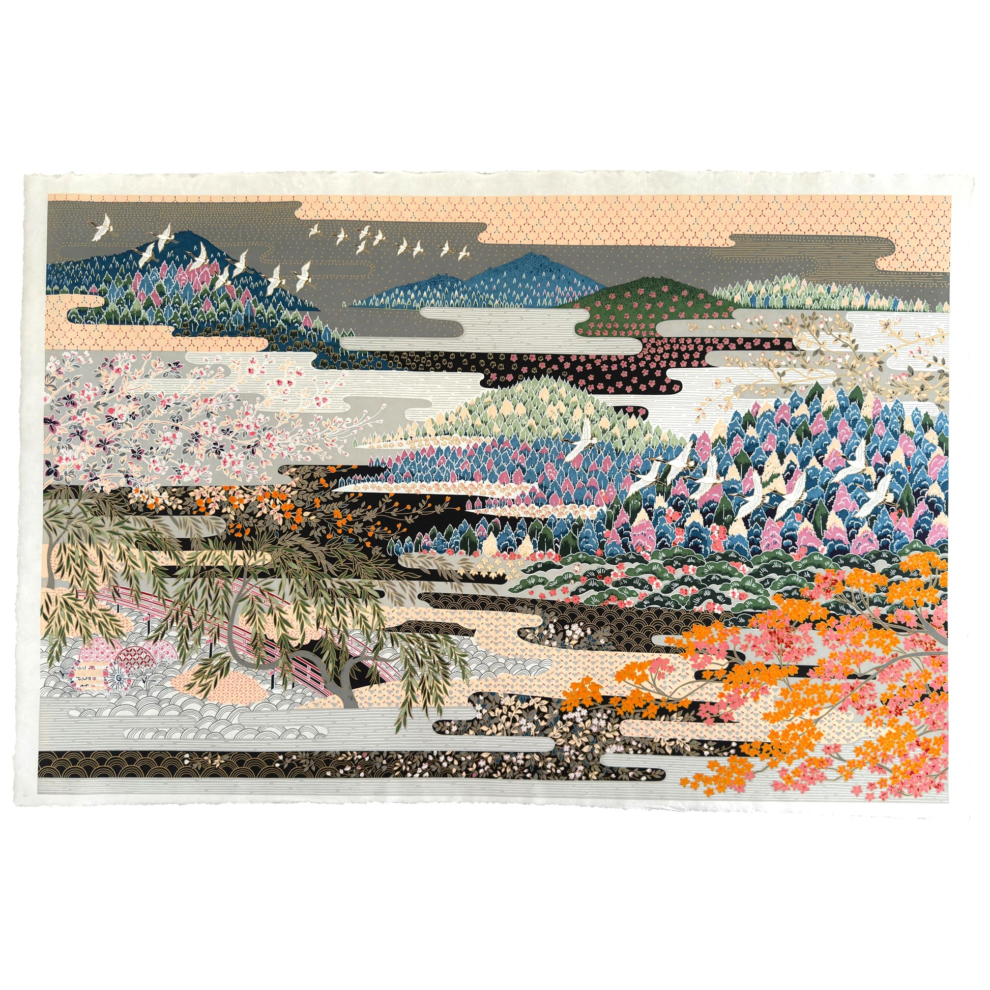 A sheet of Japanese silkscreen printed paper called Sogara which depicts a colourful forest with rivers and mountains in the background.