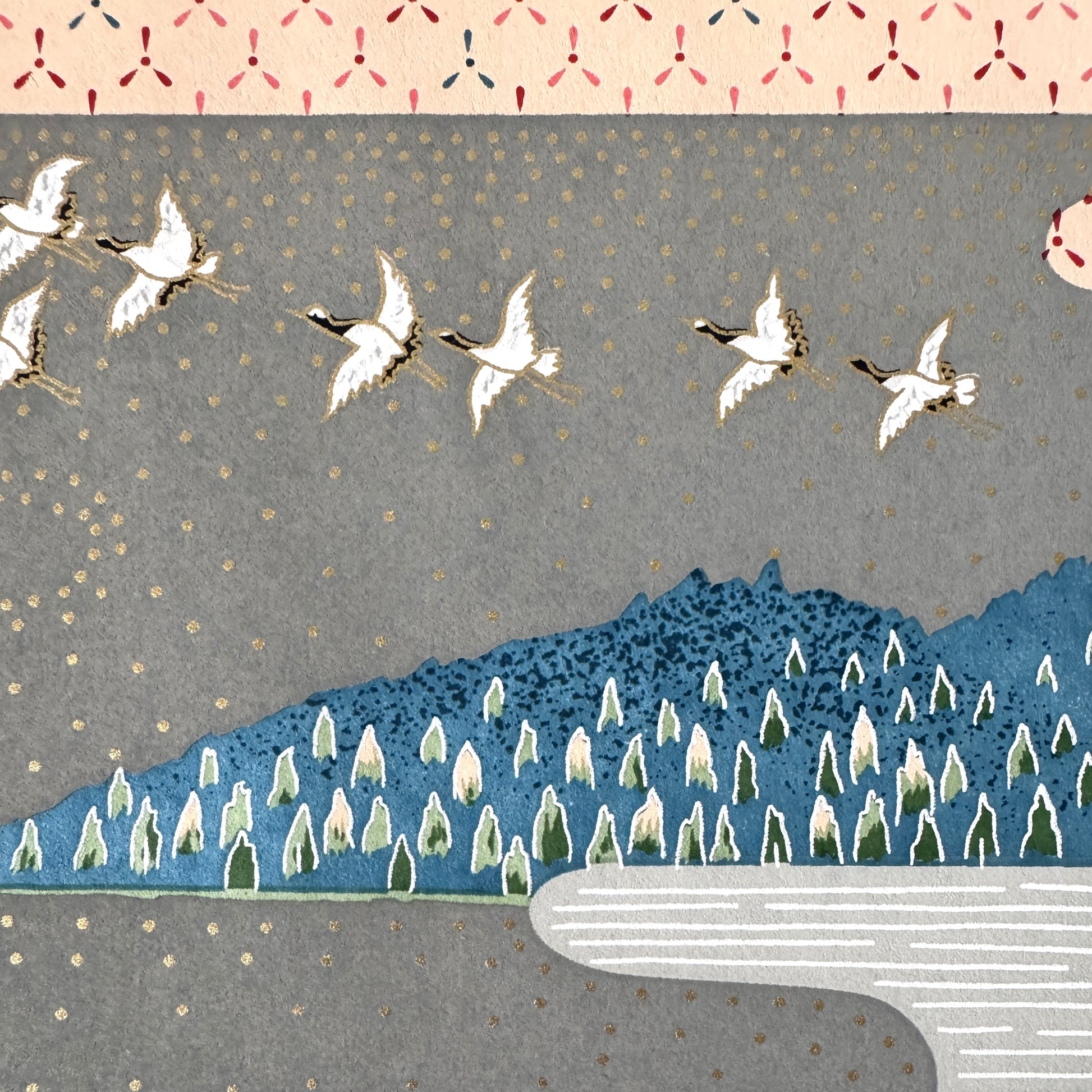 A sheet of Japanese silkscreen printed paper called Sogara which depicts a colourful forest with rivers and mountains in the background. Close up of cranes flying.
