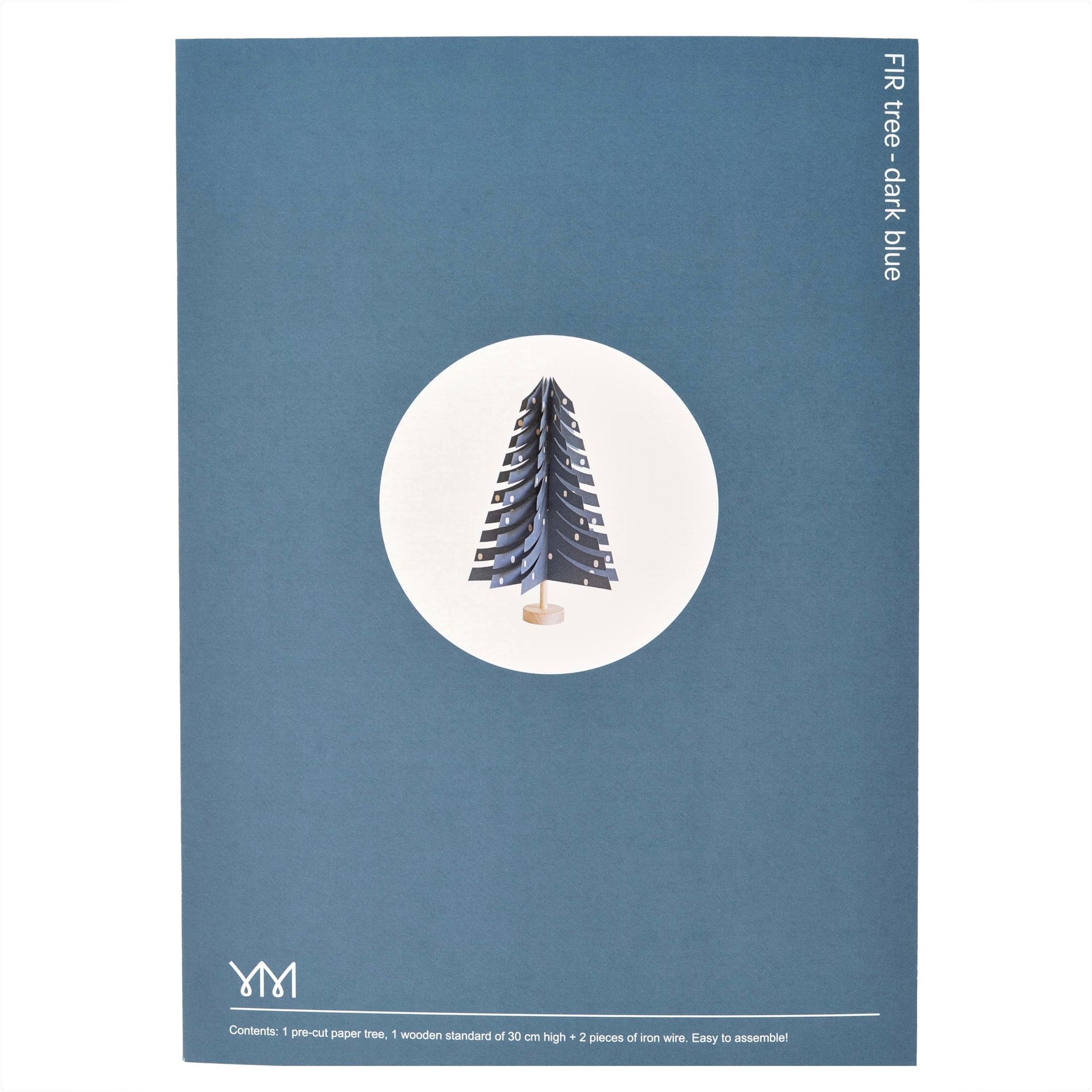 A blue paper fir tree decoration by Jurianne Matter, packaging pictured