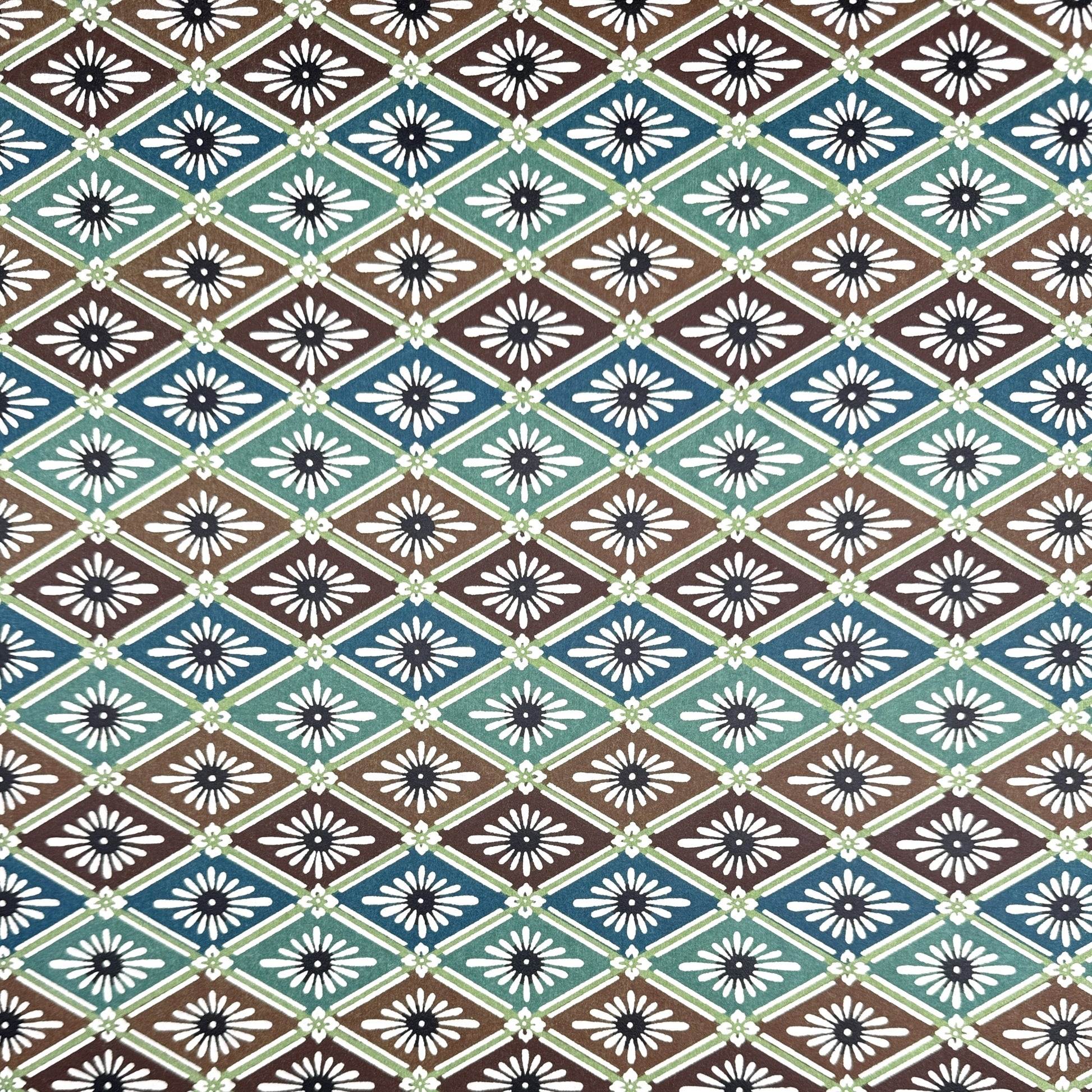 A Japanese stencil-dyed patterned paper with a repeat pattern of floral diamonds in tones of blue, aqua, brown and white.