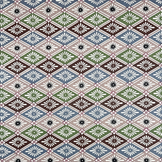 A Japanese stencil-dyed patterned paper with a repeat diamond floral pattern in blue, taupe, green and brown.