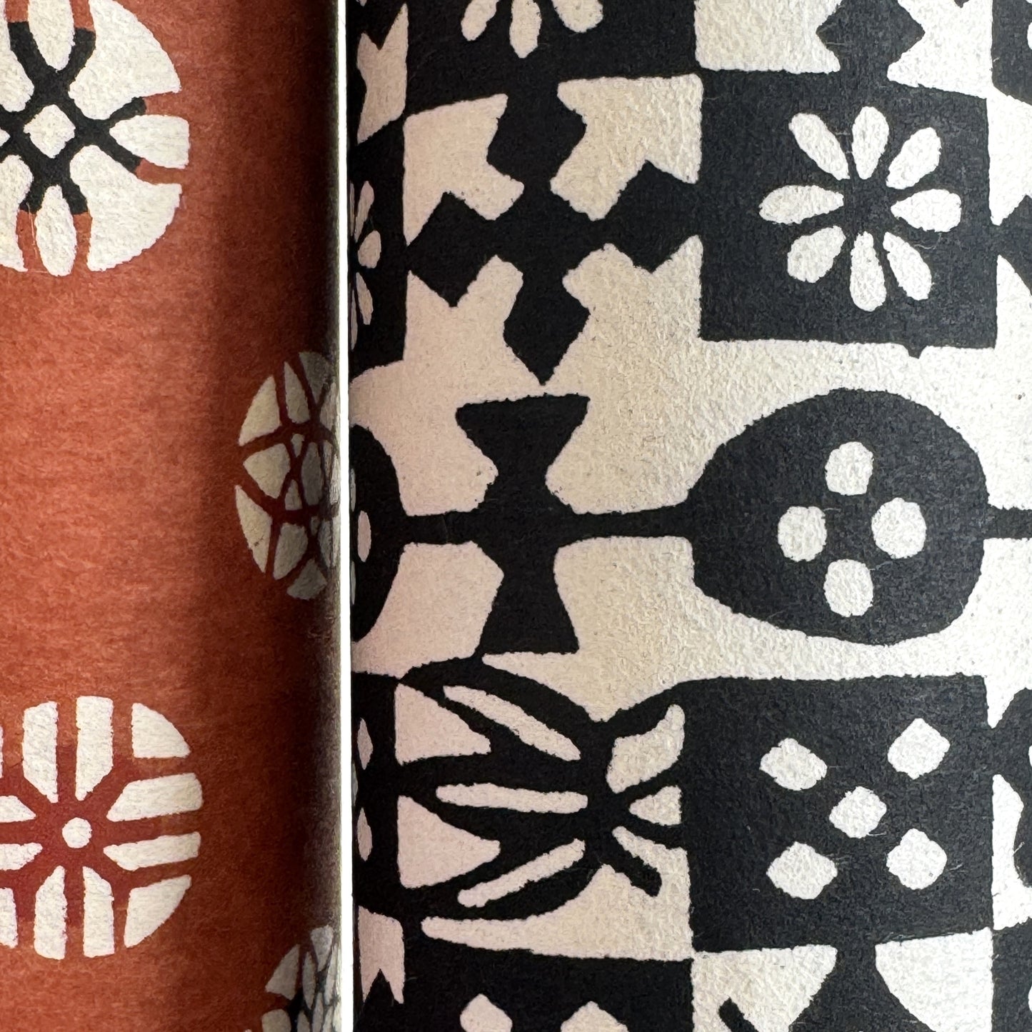 Japanese stencil-dyed, katazome-shi patterned paper. Black and white geometric design. Close-up