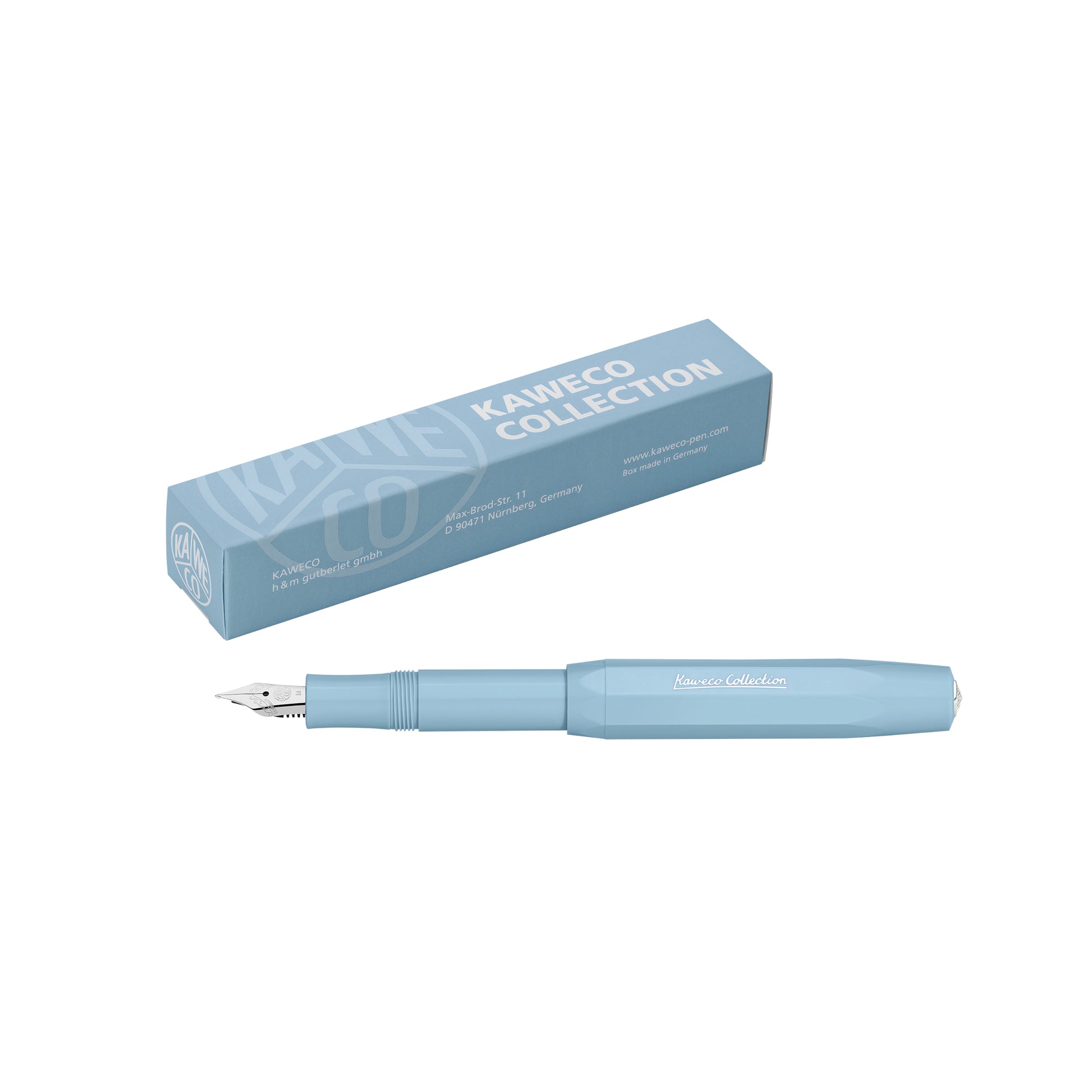 Kaweco Collection Sport fountain pen in mellow blue, pictured with cap posted and presentation box.
