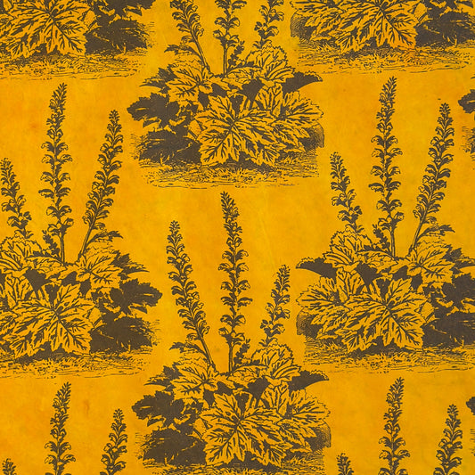 A Toile de Jouy style drawing of an agapanthus in brown screen-printed by hand on mustard yellow lokta paper.
