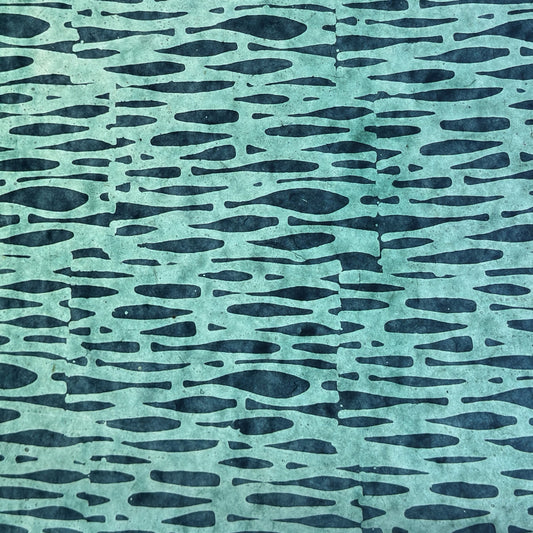 Nepalese handmade decorative lokta paper sheet with an abstract pattern in aqua and teal.  Batik dyed using carved wooden blocks.