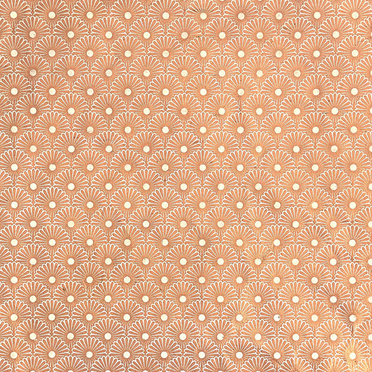 Nepalese handmade decorative lokta paper sheet with a copper metallic repeat floral pattern screen printed on an ivory lokta paper.