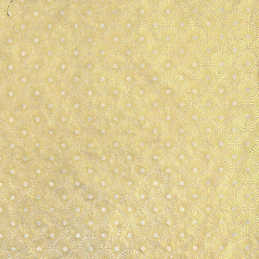 Nepalese handmade decorative lokta paper sheet with a gold metallic repeat floral pattern screen printed on an ivory lokta paper.