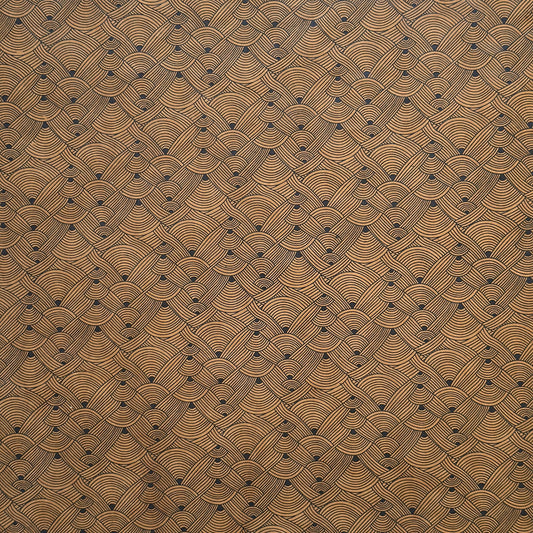 Nepalese handmade decorative lokta paper sheet with a fine lined black knots pattern screen printed on a brown lokta paper.