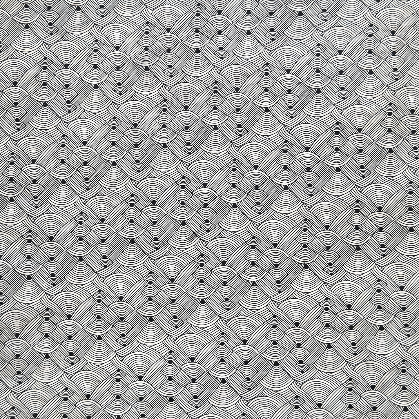 Nepalese handmade decorative lokta paper sheet with a fine lined black knots pattern screen printed on an ivory lokta paper.