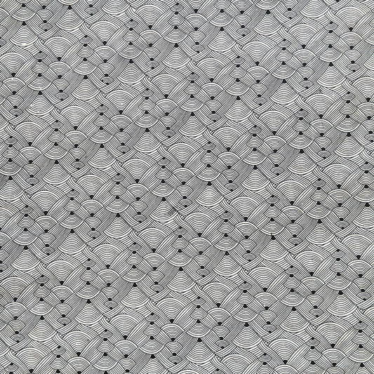 Nepalese handmade decorative lokta paper sheet with a fine lined black knots pattern screen printed on an ivory lokta paper.