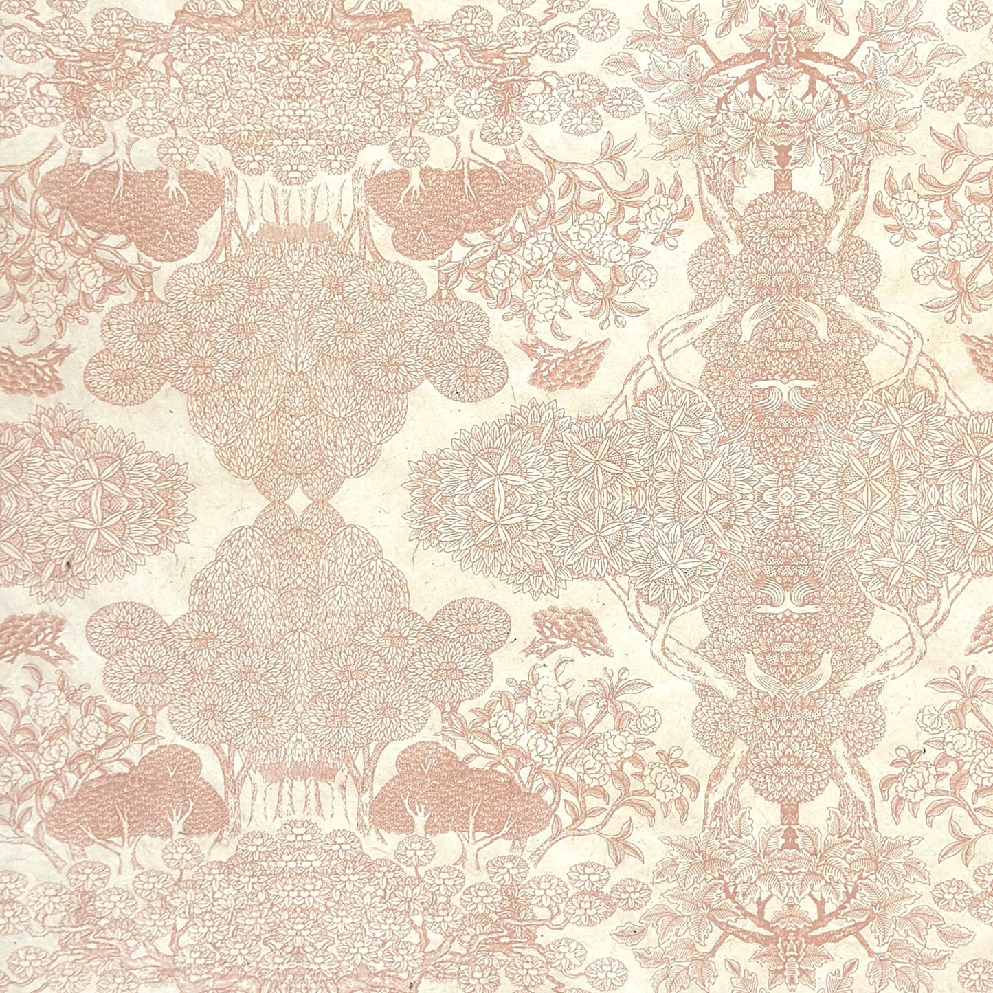 Nepalese handmade decorative lokta paper sheet with a detailed design of trees and flowers in blush pink screen printed on an ivory lokta paper.