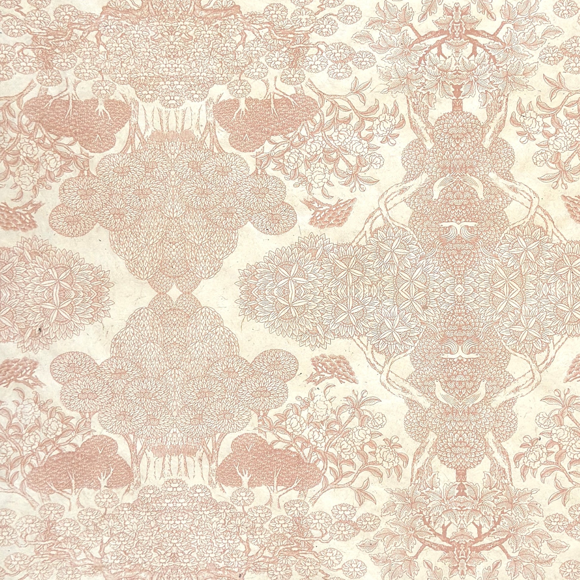 Nepalese handmade decorative lokta paper sheet with a detailed design of trees and flowers in blush pink screen printed on an ivory lokta paper.