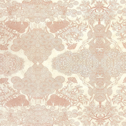 Nepalese handmade decorative lokta paper sheet with a detailed design of trees and flowers in blush pink screen printed on an ivory lokta paper.