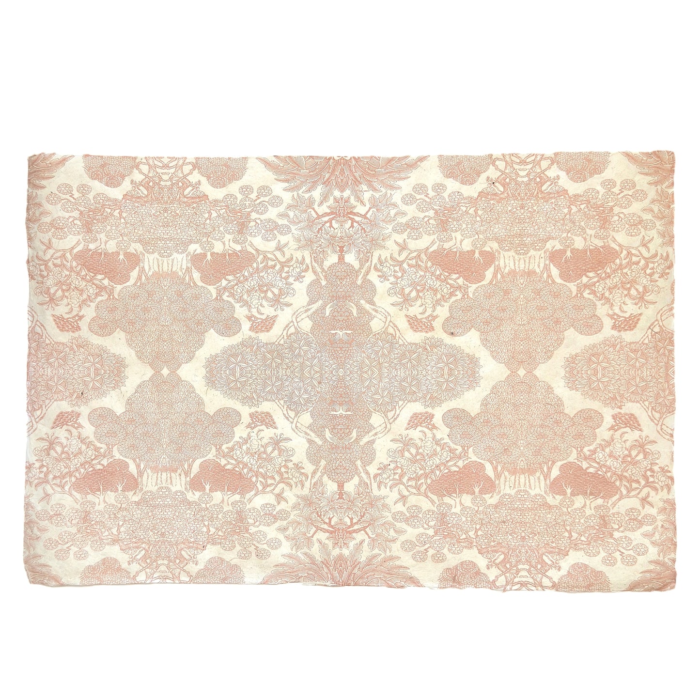 Nepalese handmade decorative lokta paper sheet with a detailed design of trees and flowers in blush pink screen printed on an ivory lokta paper.  Full sheet of paper pictured,