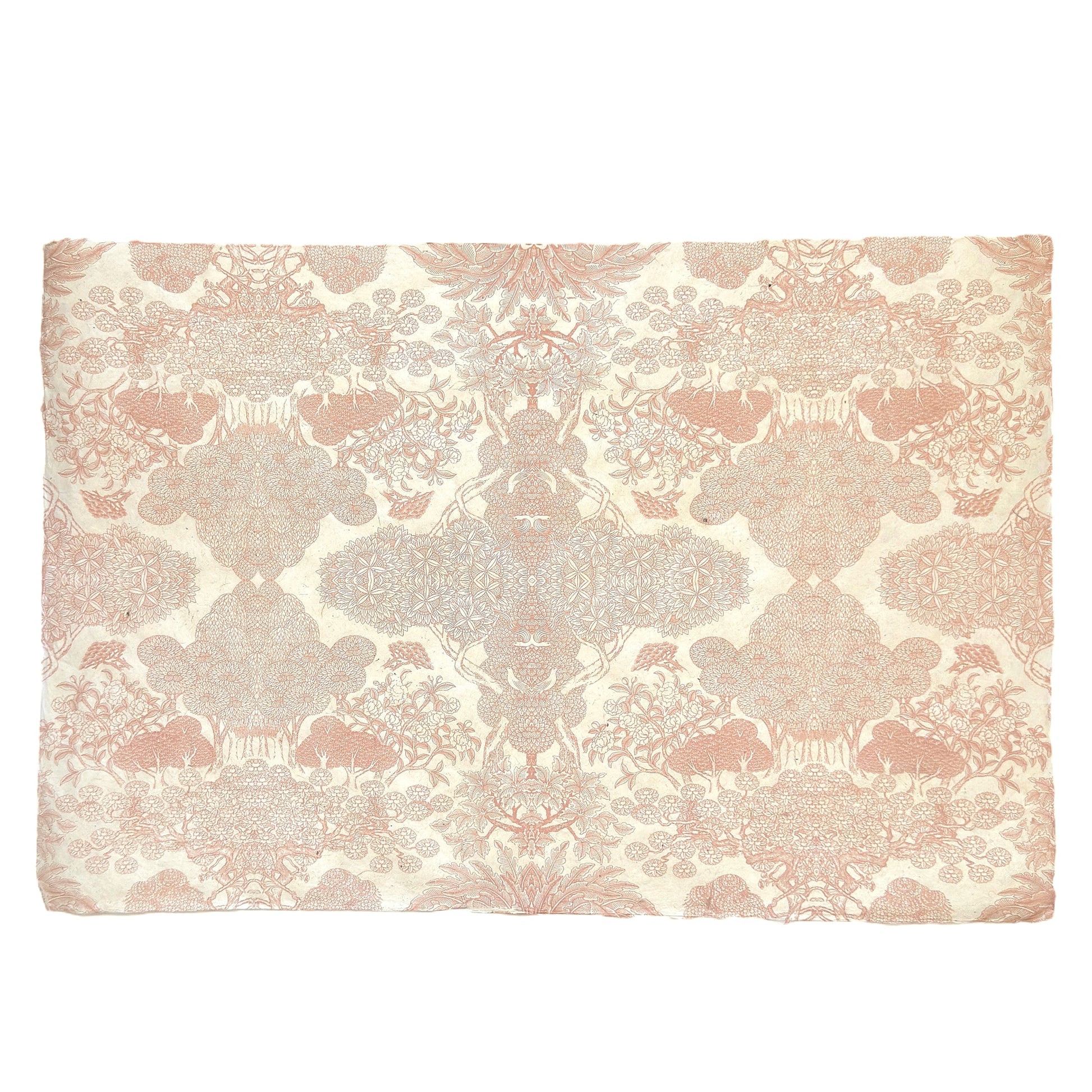 Nepalese handmade decorative lokta paper sheet with a detailed design of trees and flowers in blush pink screen printed on an ivory lokta paper.  Full sheet of paper pictured,