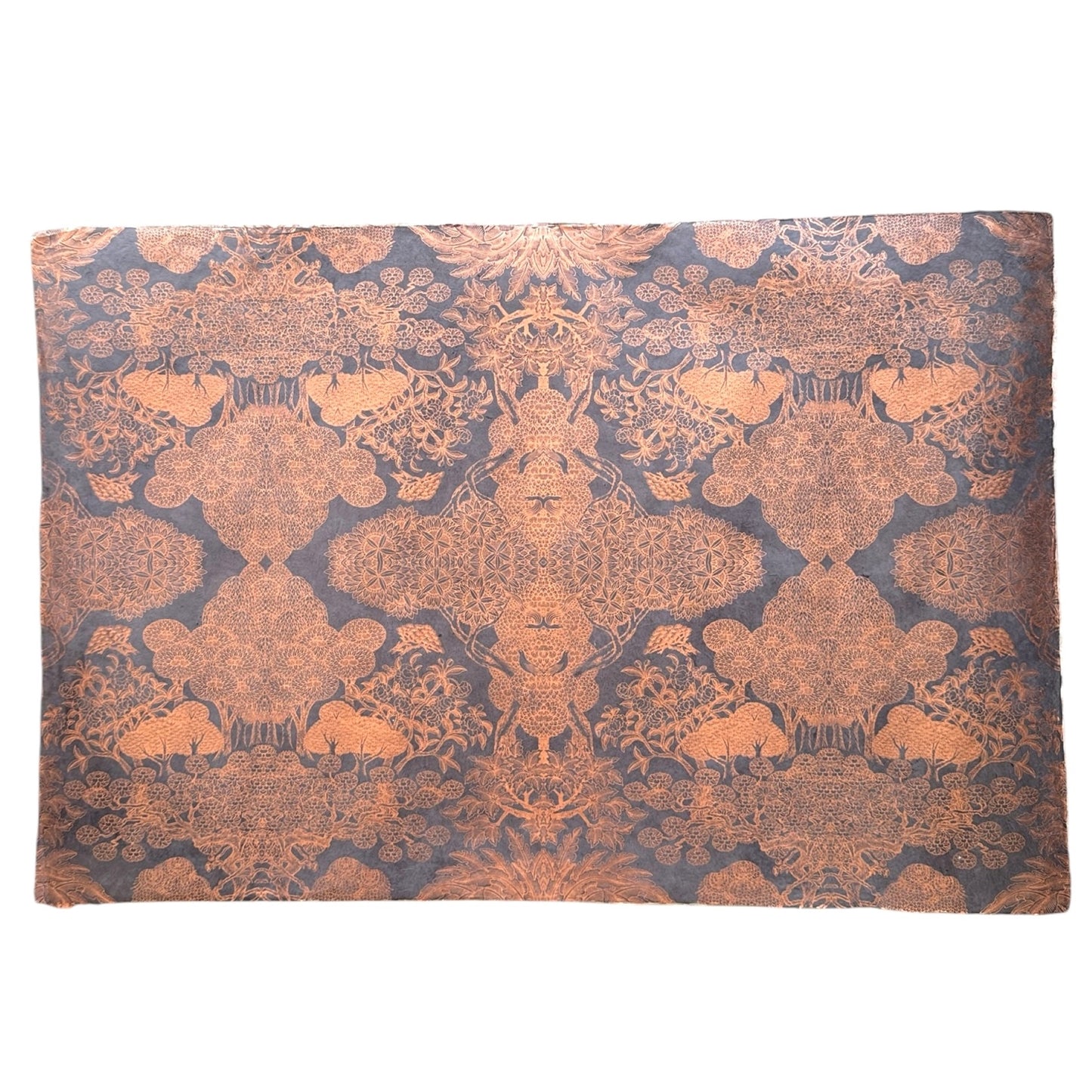 Nepalese handmade decorative lokta paper sheet with a detailed design of trees and flowers in copper screen printed on a dusty violet lokta paper. Full sheet of paper