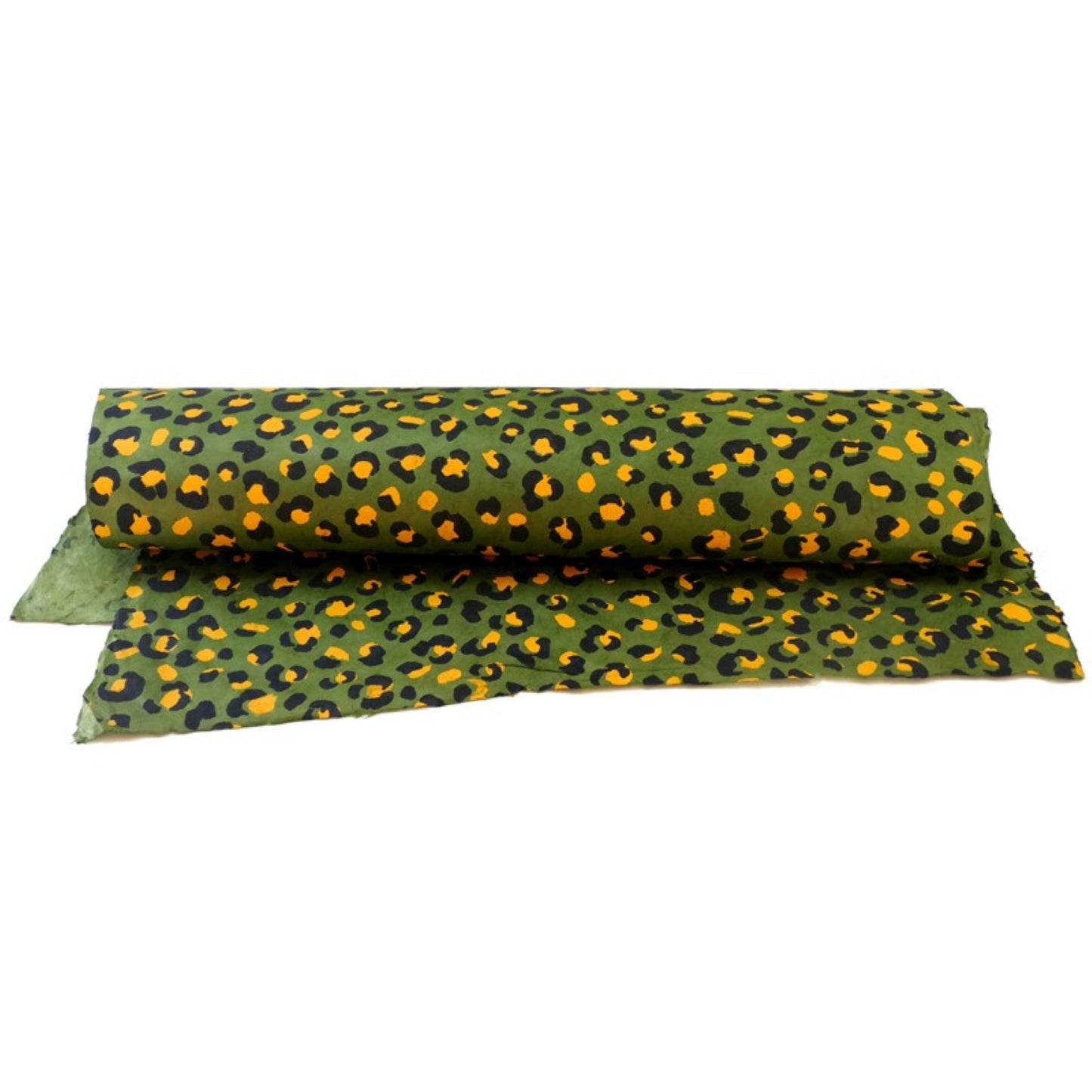 Nepalese handmade decorative lokta paper sheet with an animal print design in two colours, yellow and black, screen printed on a green lokta paper. Full sheet